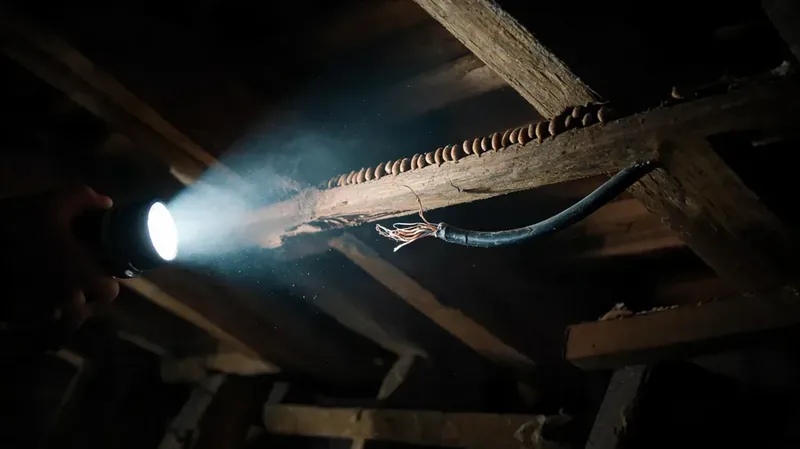 Grenier inspecté à la lampe torche — signes de rongeurs à Reims